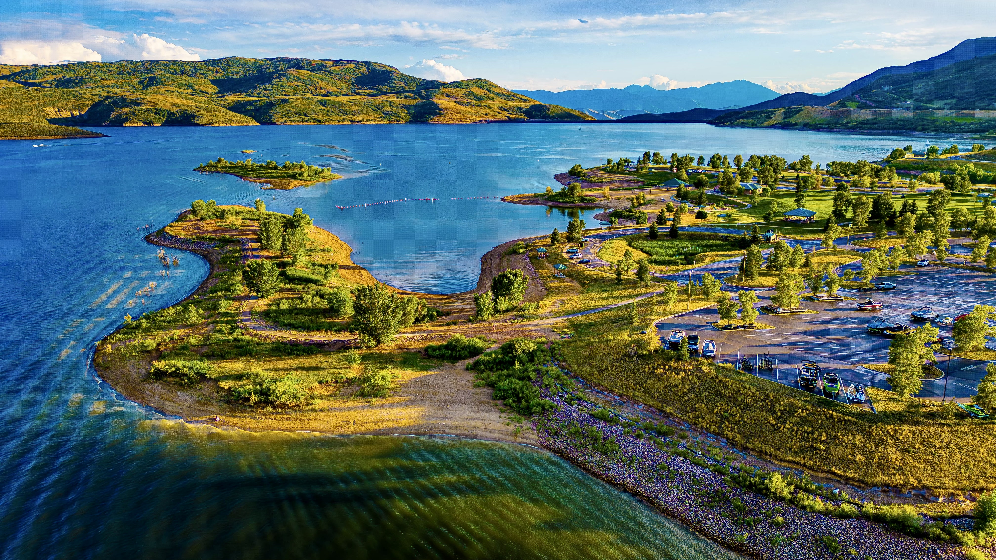 Drone shot of Jordanelle Reservoir coastline