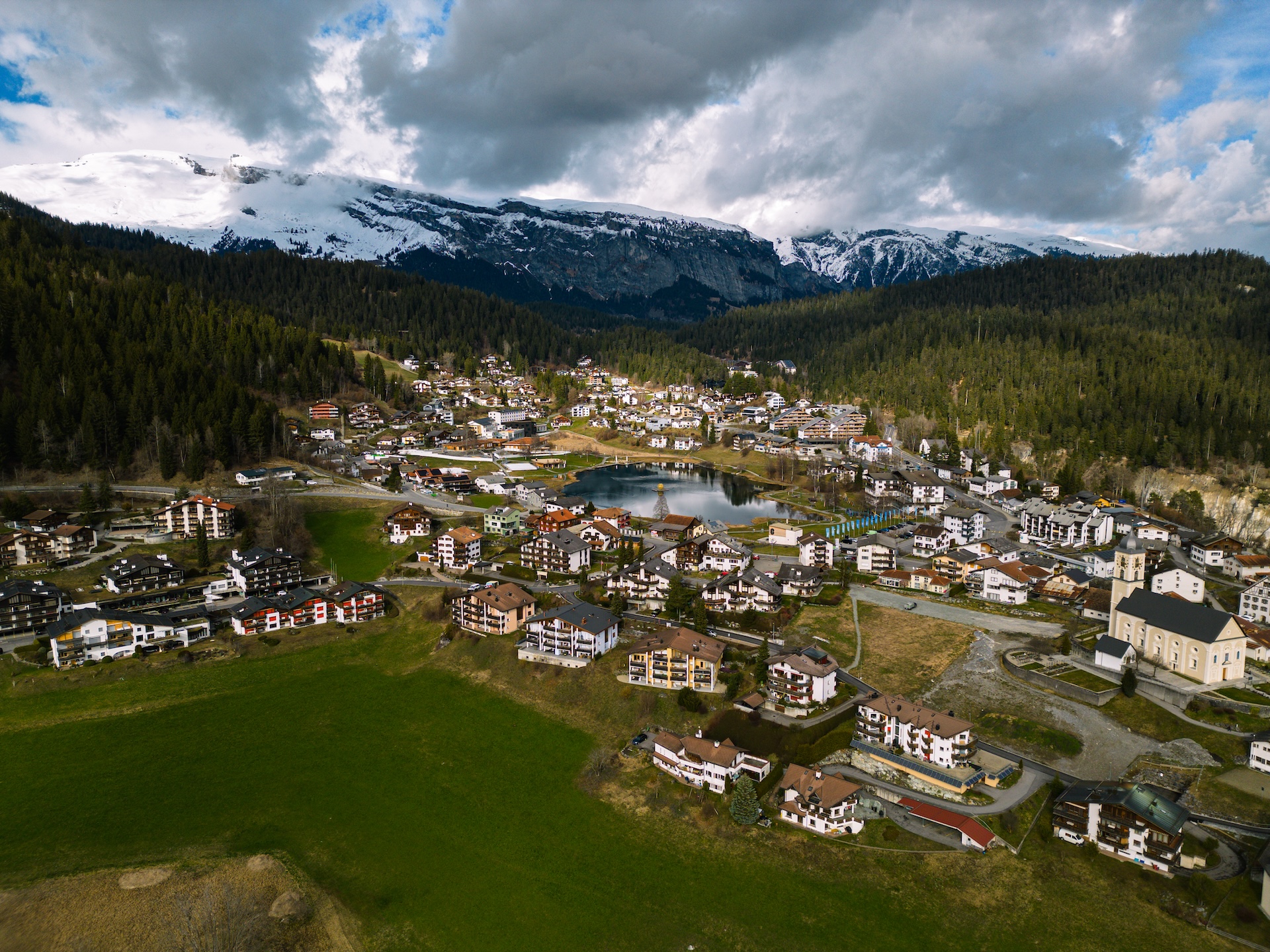 Drone shot of the beautiful town LAAX, Switzerland