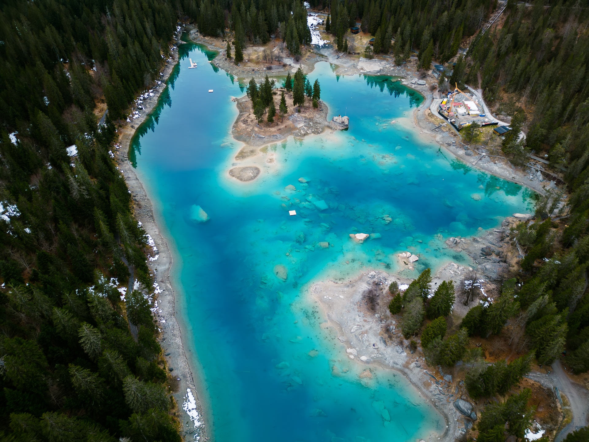 Drone shot of beautiful Lake in LAAX Switzerland