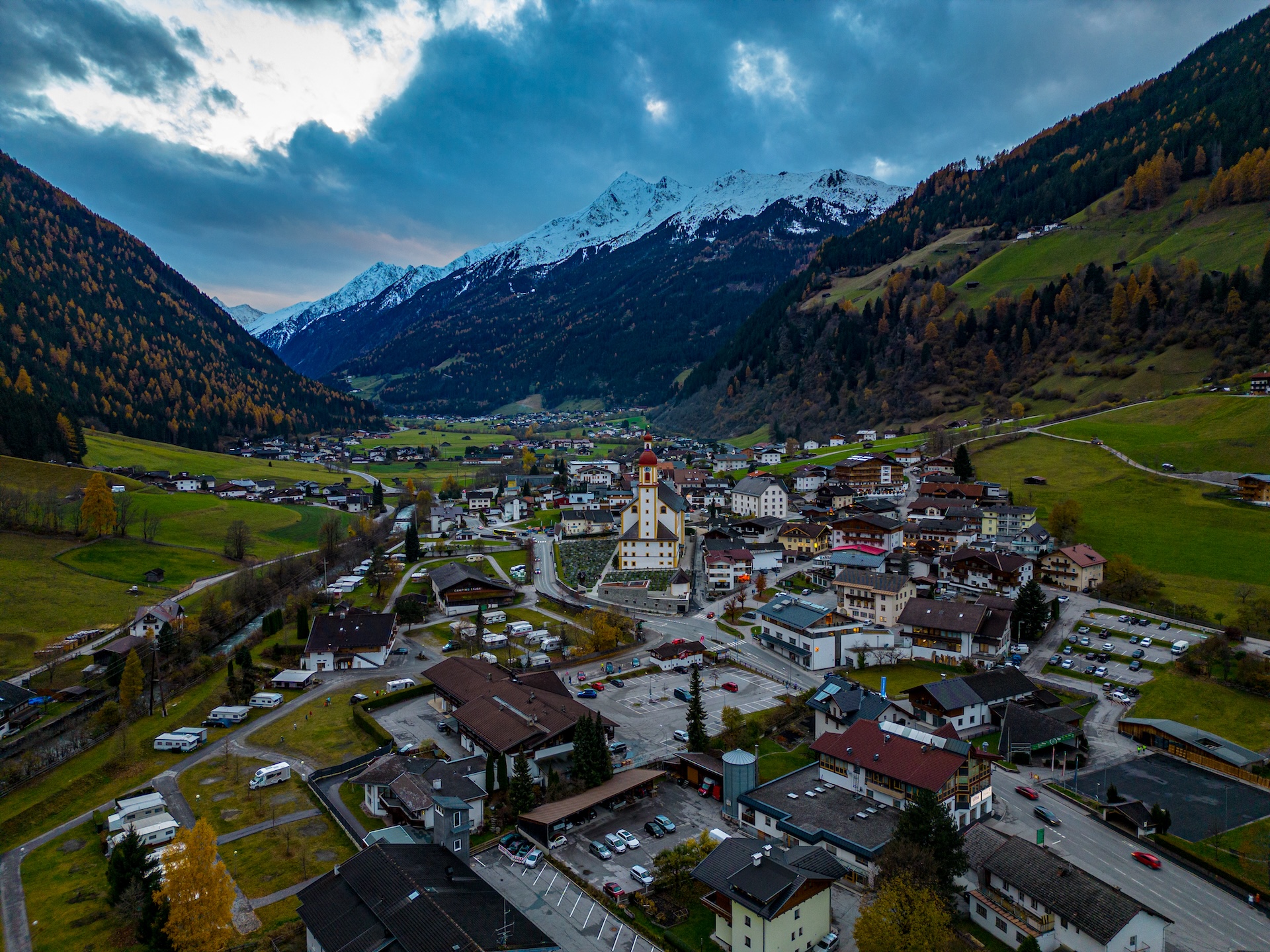 Drone shot of beautiful town Neustift, located just outside Innsbruck, Austria