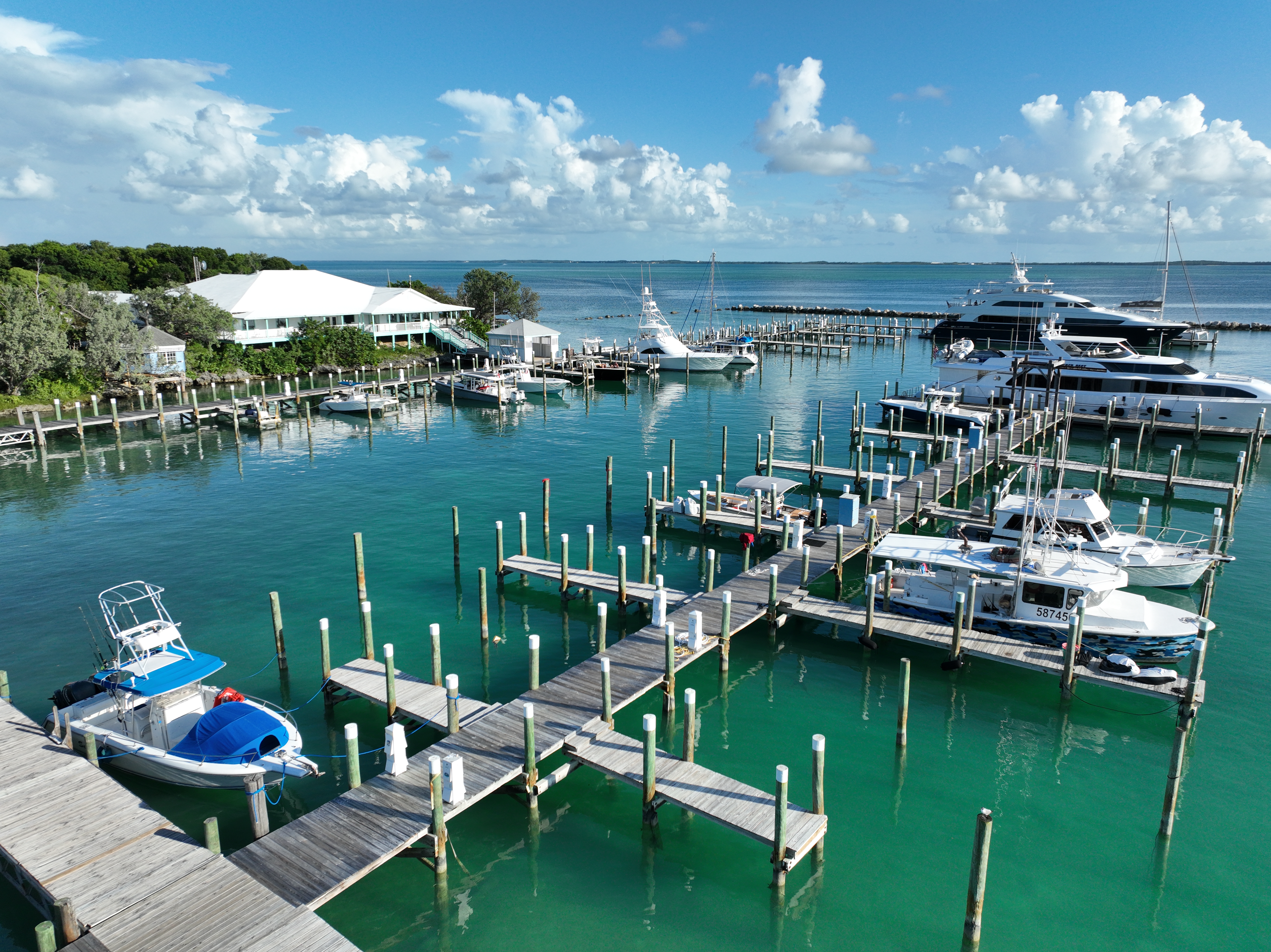 Drone shot of Spanish Cay marina, located in the Bahamas